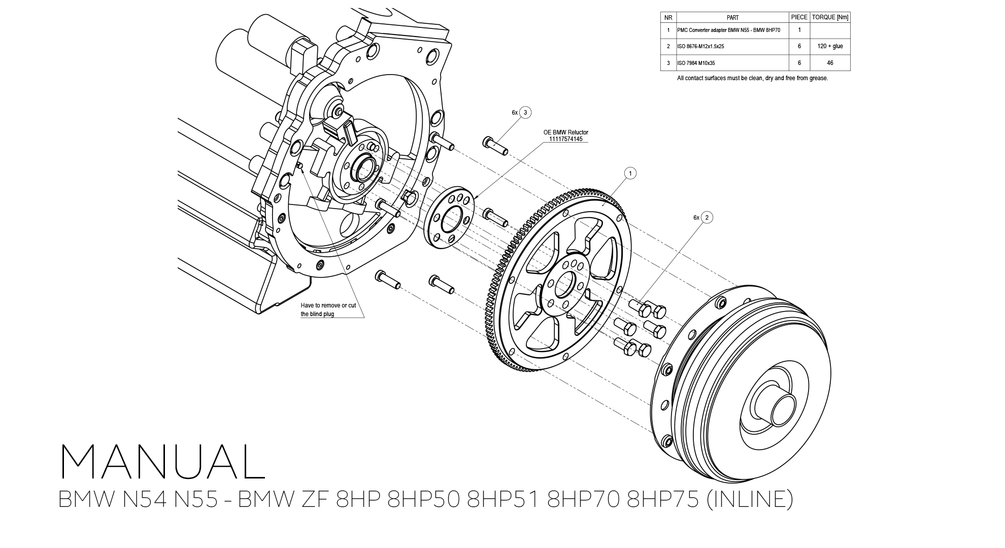 BMW ZF 8HP 8HP50 8HP51 8HP70 8HP75 converter adapter - BMW N54 N55 (6-bolt mounting)