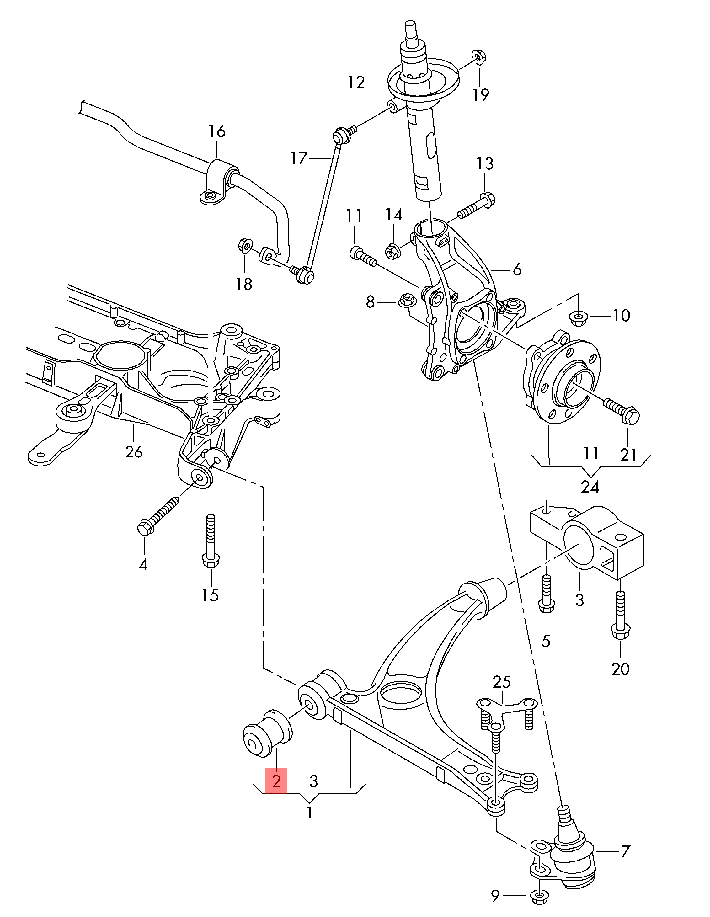 Silentblocs avant de bras de suspension avant en polyuréthane Audi A3 8P S3 8P TT 8J 8S 80ShA 1K0407182