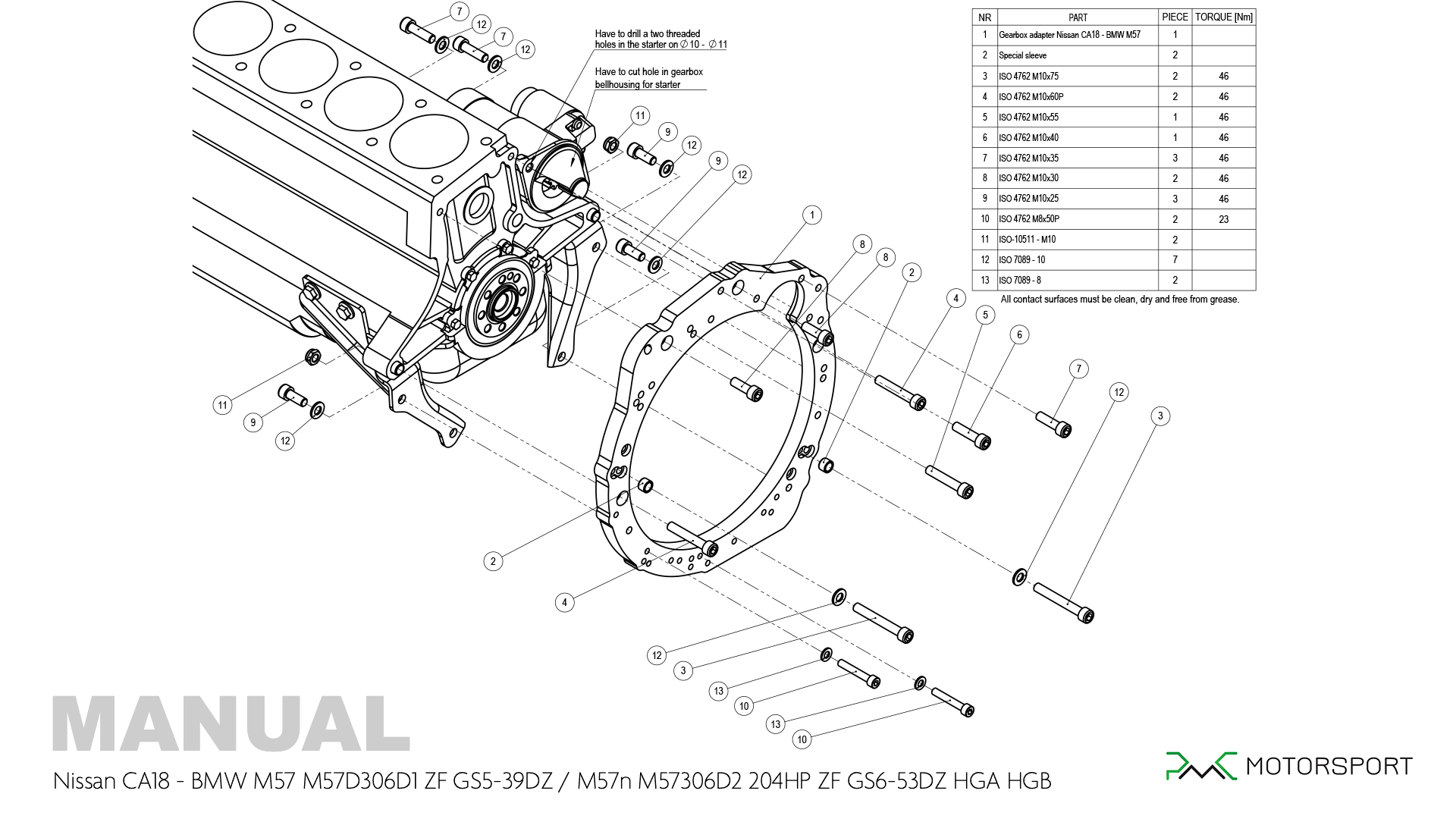 Notice de montage de l'adaptateur de boîte de vitesses PMC Nissan CA18 BMW M57 GS5-39DZ