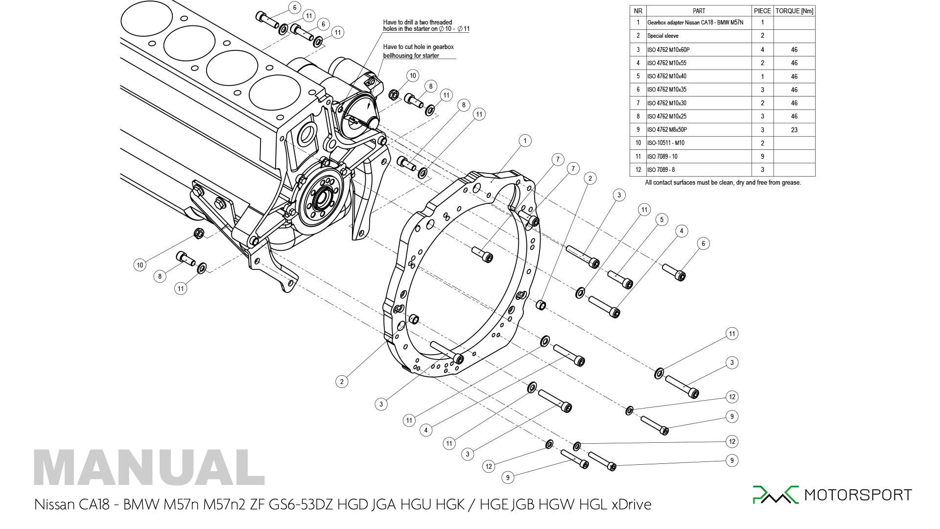 Notice de montage de l'adaptateur de boîte de vitesses PMC Nissan CA18 BMW M57N GS6-53DZ