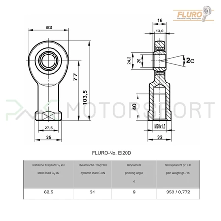 Cabeça de extremidade / cabeça de tirante - uniball EI 20 D FLURO - M20x1.5 interno direito (fêmea)