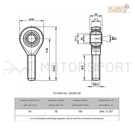 Testa di biella / testa tirante – uniball GASW 18 FLURO – M18×1.5 destra esterna (maschio)